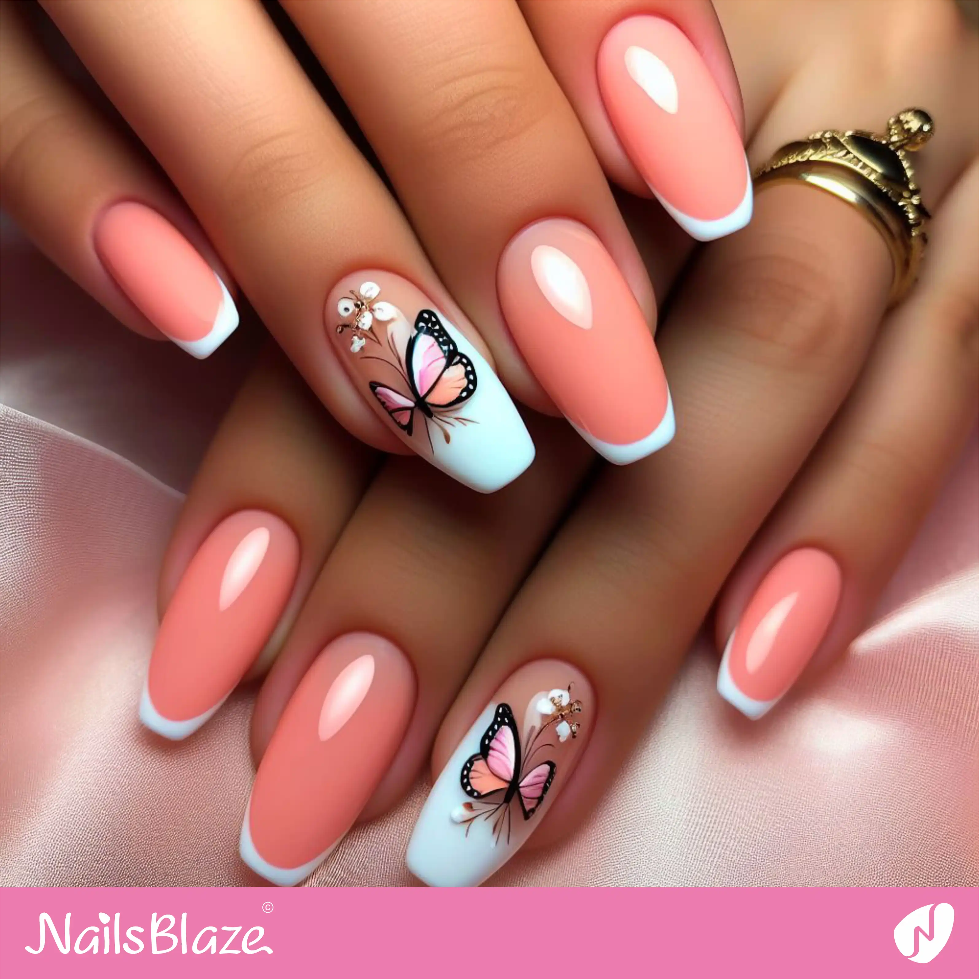 Peach Fuzz Butterfly Micro French Manicure Design | Color of the Year 2024 - NB1783
